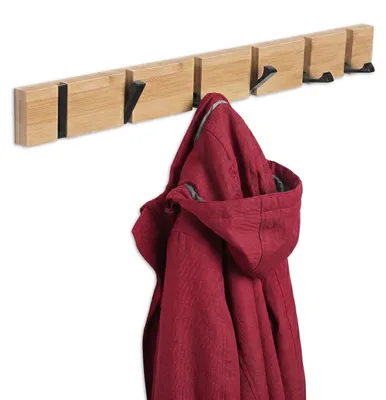 Produktbild von Relaxdays Garderobenleiste, 6 klappbare Haken, Bambus, Metall, HxBxT: 5 x 60 x 1,5 cm, Flur Kleiderhaken, natur/schwarz