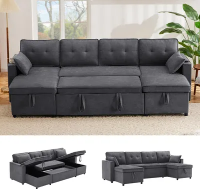 Produktbild von Merax Ecksofa, U-Form Sofa mit Schlaffunktion und Bettkasten, Getränkehalter, 4-Sitzer Couch, Bettsofa, Baumwoll-Leinen Couchgarnitur, Grau