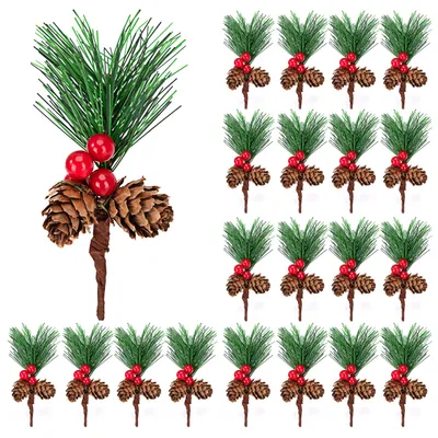 20 Kunst-Tannenspitzen mit Beeren & Zapfen, 8 cm, Weihnachts-DIY