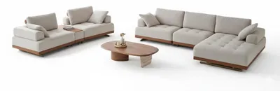 Immagine prodotto di Divano angolare beige in tessuto, design moderno, con due posti. Tavolino da caffè