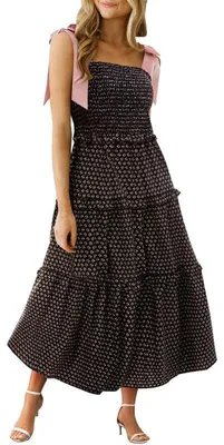 Produktbild von Imily Bela Sommerliches Maxikleid für Damen mit Blumenmuster, gerafften Schultern, Bindebändern, ärmellosem, mehrlagigem Faltenrock im Boho-Stil, lässigem Strandkleid