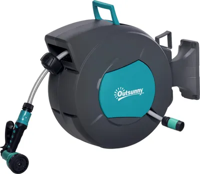 Image de Outsunny Enrouleur tuyau arrosage automatique pivotant 180° Tuyau 15 + 1,4 m avec Lance arrosage Support Mural intégré Turquoise Gris