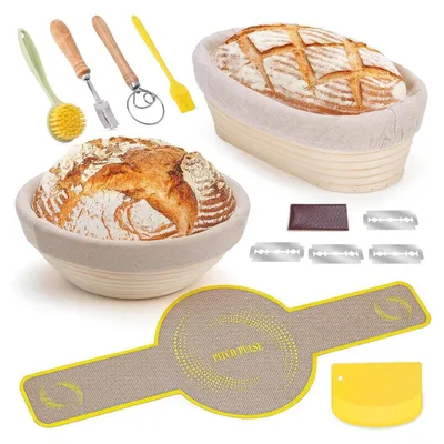 Produktbild von Gärkorb Set aus Peddigrohr zum Brot backen - Brotkörbchen mit Zubehör (23cm rund & 25cm