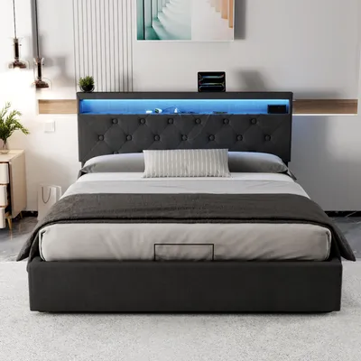 Produktbild von OYAJIA Polsterbett 160x200cm mit Ladefunktion (USB&Typ-c), Jugendbett Doppelbett Stauraumbett mit LED, Hydraulisches Boxspringbett, Leinen, Grau