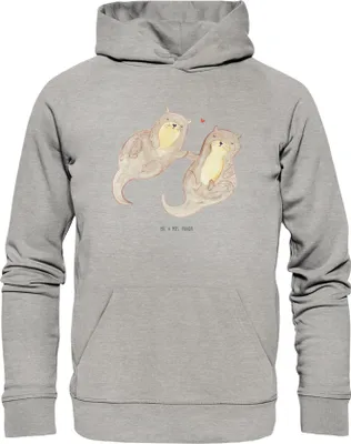 Produktbild von Mr. & Mrs. Panda Bedruckter Hoodie Otter Hände halten Größe XS - Heather Grey - Geschenk, Hoody, Baumwollpulli, Liebe, glücklich, Sweatshirt, Fair Trade, Verliebt, Paar