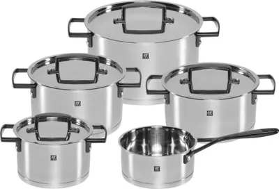 A set of five stainless steel pots and pans with black handles and lids, arranged on a white background.