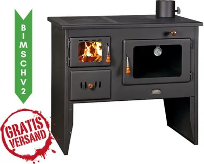 A black wood-burning stove with a glass oven door and a stovetop.