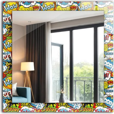 Produktbild von Dekorativer Wandspiegel - Bedruckter Spiegel - Motiv - 60x60 cm - Bunte Comic-Sprechblasen
