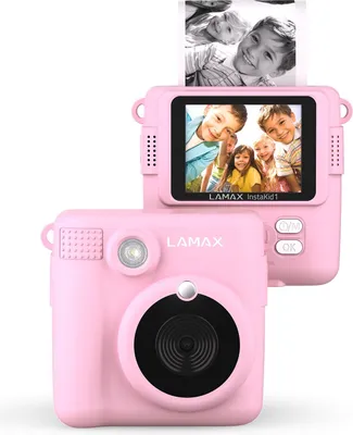 A pink LAMAX InstaKid1 camera with a photo sticking out of the top and a photo displayed on its screen.