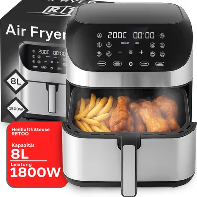 Heißluftfritteuse 8L,  Airfryer 1800W, 10 Programme Mit Digitalem Touchscreen, Temperaturregelung LCD Air fryer,  gesunde Lebensmittel ohne Öl, Retoo