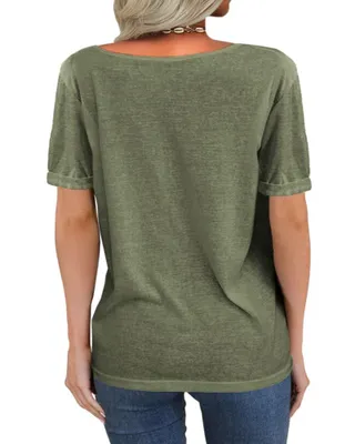 Produktbild von Damenmode Tiefer V-Ausschnitt Kurzarm Tops Uni Lässiges Lockeres Basic T-Shirt