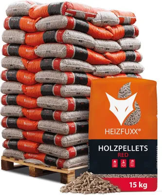 A pallet of bagged wood pellets with a single bag in the foreground showing product details.