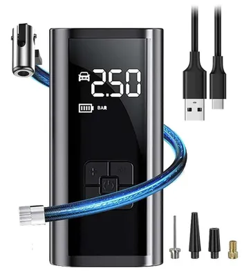 Image de Pompe à pneus portable - Compresseur d'air électrique sans fil - Rechargeable 12V/7,4V - Fonctionnement sur batterie - Pour voitures, vélos et ballons - 19,6 x 16,5 x 8 cm - Noir