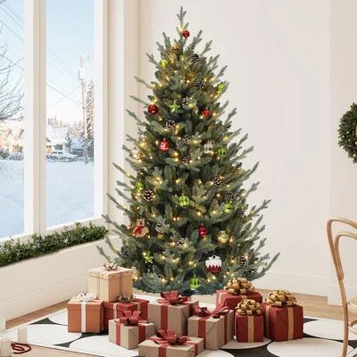 Produktbild von 180 cm künstlicher Weihnachtsbaum Tannenbaum, mit 300 LEDs , Fernbedienung, 1176 PE/PVC-Zweigen und 35 Tannenzapfen