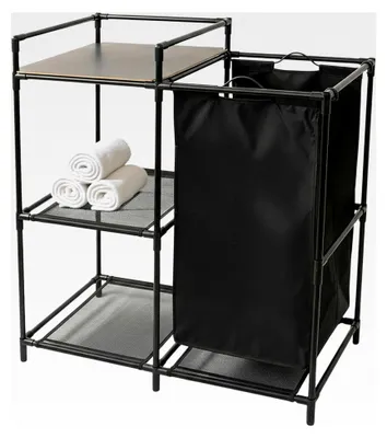 Produktbild von Schwarzes Badregal mit integriertem Wäschekorb - 69 x 77 cm - Metall- und Stoffregal mit 3 Ablagen - Badezimmer Organizer mit Wäschesack