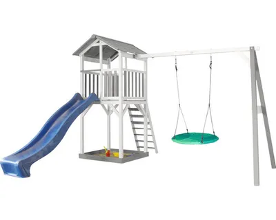 Imagen del producto de AXI Beach Tower torre de juegos de madera en blanco y gris | Casa de juegos para ninos con Tobogan azul