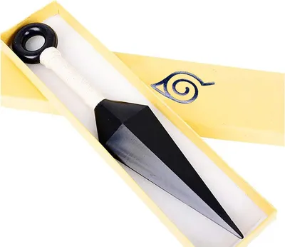 A black kunai knife with a white handle and a black ring is displayed in a yellow box with a blue swirl logo.