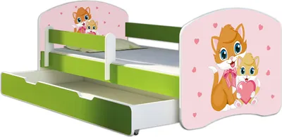 Produktbild von ACMA Jugendbett Kinderbett Junior-Bett Komplett-Set mit Matratze Lattenrost und Rausfallschutz Grün 33 Miezekatzen 180x80 + Bettkasten