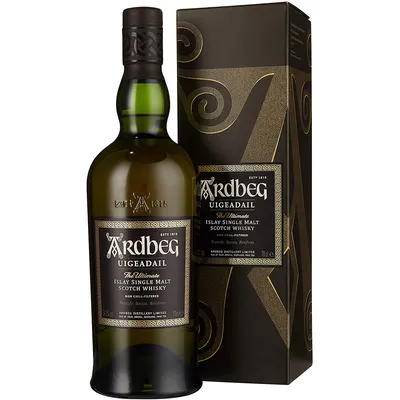 A bottle of Ardbeg Uigeadail Scotch Whisky and its gift box are displayed against a white background.