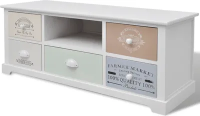 A white TV stand with multiple drawers and an open shelf.