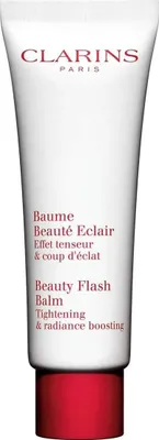 A white tube of Clarins Beauty Flash Balm with a red cap.