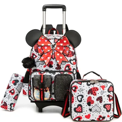 Produktbild von Kinder Trolley Rucksack Set Schulranzen Mädchen Rot mit Federmäppchen und Lunchtasche