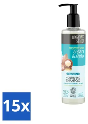 Zdjęcie produktu dla 15 sztuk szamponu naturalnego Organic Shop, odżywiający, z olejem arganowym i amlą, 280 ml - zestaw ekonomiczny
