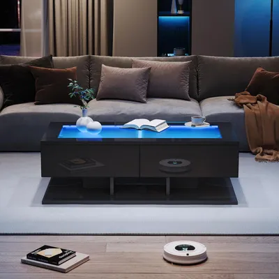 Zdjęcie produktu dla Stolik kawowy czarny z połyskiem 100 x 50 x 35 cm z szklanym blatem i oświetleniem LED, 2 szuflady, USB, maks. 45 kg