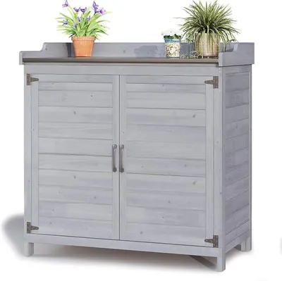 Productafbeelding van Plantentafel met onderkast, tuinkast met verzinkt werkblad en 2 in hoogte verstelbare legplanken, balkonkast voor tuin, balkon, terras, 98x48x95cm (grijs)