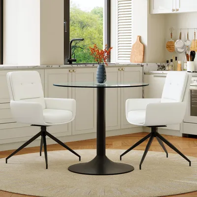 Image de Ensemble table-chaises, table ronde en verre + 4 chaises blanches en PU, pieds noirs, élégant et luxueux