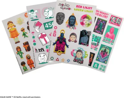 A collage of stickers featuring characters and symbols from the TV show Squid Game.