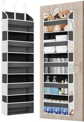 Produktbild von Unyqoos® Tür-Organizer aus verstärktem Vliesstoff, 140 x 38 x 16,5 cm – 5 große Fächer (17 cm) + 10 Netzfächer, belastbar bis 20 kg, 3 verstellbare Metallhaken