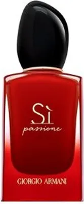 A product shot of a red Giorgio Armani perfume bottle with a black cap.