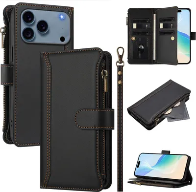 Produktbild von Handyhülle für iPhone 17 Pro Max Reißverschluss Geldbörse Kunstleder Klapphülle mit Kartensteckplatz, Ständer, Handschlaufe Schwarz