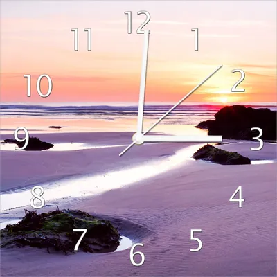 Produktbild von Wallario Design Wanduhr Sonnenuntergang am einsamen Strand aus Echtglas, Größe 30 x 30 cm