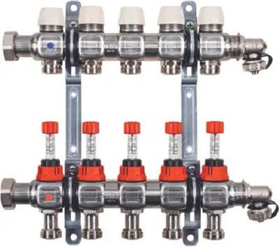 A plumbing manifold with multiple outlets, mounted on a wall bracket.
