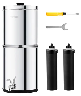 Produktbild von VEVOR Schwerkraftbetriebene Wasserfiltersystem, 2,25G 304 Edelstahl Tischfilteranlage, reduziert Blei und bis zu 99% Chlor, mit 2 Aktivkohlefiltern, 2 Defluoridationsfiltern, Wasserhahn, Aktivkohlefilterpatrone-a, 2.25 gal-c