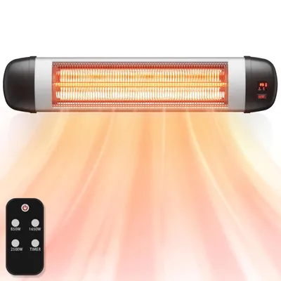 A wall-mounted infrared heater emitting heat, with a remote control shown below.