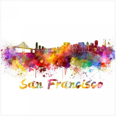 Produktbild von Wallario Premium Glasbild, freischwebende Optik, kräftige Farben, Größe 30 x 30 cm Motiv Städte als Aquarell - Skyline von San Francisco