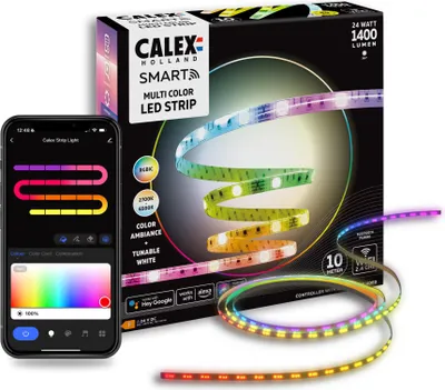 Immagine prodotto di Striscia LED intelligente Calex, 10 m, colori RGBIC, flessibile e tagliabile a misura, dimmerabile, app WLAN e controllo vocale, incluso telecomando