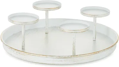 Produktbild von Adventskranz aus Metall: Runde, dekorative Schale mit Kerzenhaltern für 4 kurze Kerzen – im Vintage-Stil, ideal für die Weihnachtsdekoration auf dem Tisch