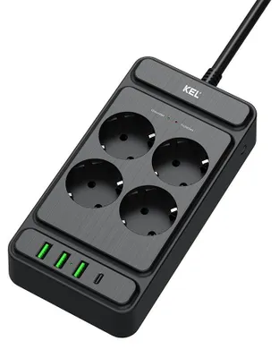 Produktbild von Überspannungsschutz, 4x Schuko-Steckdose, 3x USB-A, 1x USB-C, schwarz