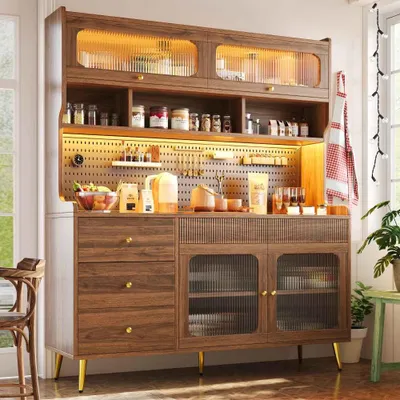 Produktbild von LED-Hochschrank mit App-Steuerung: Moderner Küchen- & Esszimmerschrank,Aufbewahrungsschrank mit Lochwand,Größe: 145x39x171cm,Walnussfarbe