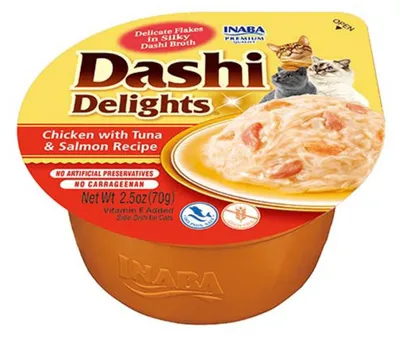 Produktbild von INABA DASHI DELIGHTS Katzenleckerlis Huhn Thunfisch Lachs 70g