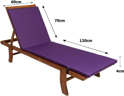 A purple cushion on a wooden chaise lounge with dimensions indicated by text.
