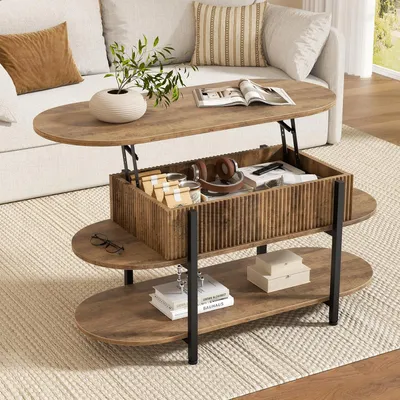 Produktbild von FABATO Couchtisch oval, höhenverstellbar mit verstecktem Stauraum, 3-Etagen-Design im Vintage-Eichen-Look