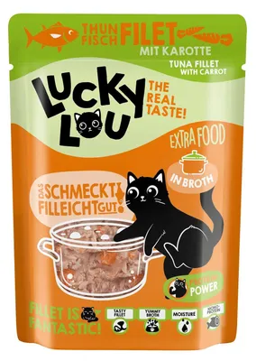 Produktbild von Lucky Lou Extrafood Thunfisch mit Karotte in Sud 70g Pouch, Adult, Thunfisch, 70 g, Getreidefrei