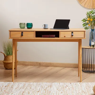 Produktbild von Schreibtisch KIM mit 2 Schubladen aus Massivholz, Eiche farben - Home-Office Tisch mit offenem Fach, Bürotisch mit 2 Schubladen und Ledergriffen