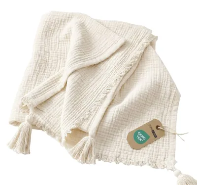 Produktbild von HOMESCAPES Musselin-Decke offwhite mit Quasten, 127 x 180 cm – 100 % Baumwolle