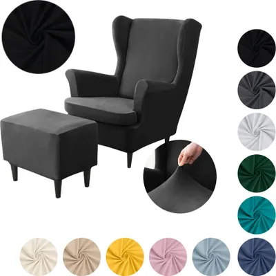 Produktbild von MEBLE ODNOWA, Ohrensesselbezug & Poufbezug, Sesselbezug, Sesselhusse, Samt, Schwarz, 1 Set, Velours, elastisch, Sesselbezüge, maschinenwaschbar, Ohrensessel + Pouf